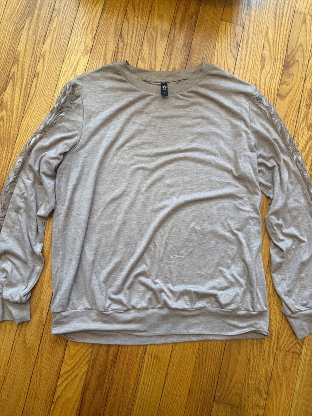 Light Taupe Long Sleeve Tee with Lace Sleeve Detail